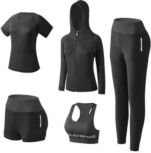 BOTRE Damen Traingsanzug Yoga Kleidung Anzug 5er-Set Sportanzüge Jogginganzug Gym Fitness Kleidung Laufbekleidung Sportswear Sport Yoga Outfit Damen BH Leggings Set (Schwarz, Medium)