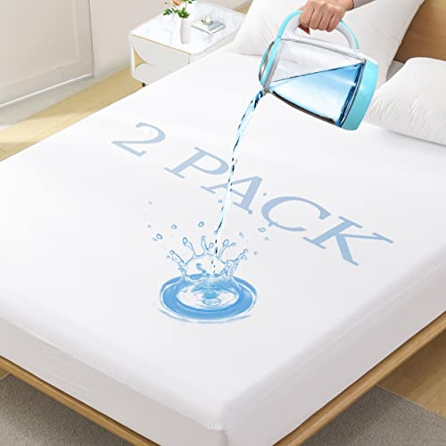 2 Pack Twin Size Premium Waterproof Mattress Protector, Soft Breathable Mattress Pad, Noiseless Waterproof Bed Cover - Stretch to 21 Fitted Deep Pocket Mattress Protection