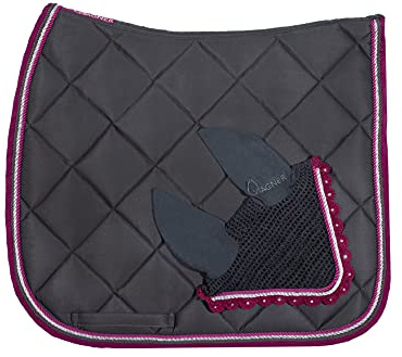 WAGNER Dressur Schabracke mit Fliegenhaube und Strass-Steinen GRAU-Magenta