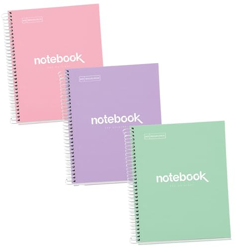 Miquelrius 3er-Pack Notizbücher A5 (80 Blatt) mit 5 mm Spitzen, Punkte, 90 g, mikroperforiert, Rand - 2 Löcher und Farbstreifen, extra starker Karton in Pastellfarben, Set | Papier 90 g/m², Spiralbindung, 2 Löcher für Archivierung, Schul- und Büro-Notebook Emotionen