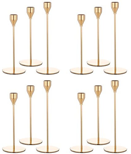 Showgeous Kerzenständer Gold 12er Set, Kerzenhalter Stabkerze Metall Deko Kerzenleuchter, Vintage Kerzenhalter für Wohnkultur, Hochzeit, Candlelight Dinner, Jubiläum, Schrankdekoration