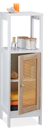 Relaxdays Badezimmerschrank, 3 Fächer, HBT 96,5 x 30 x 30 cm, schmal, MDF, Rattanoptik, Midischrank für Bad, weiß/Natur