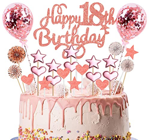 Happy 18th Birthday Cake Topper Rose Gold Glitter Age 18 Birthday Cupcake Topper Kit with Star Heart Paper Fan Balloon Romantic Cake Pick Decorations for Girls Her Eighteen Years Old Anniversary Party