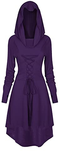 FSUJWOA Robe Medievale Femme, Costumes Renaissance Capuche avec Lacets Vintage Pull Hoodie Gothique