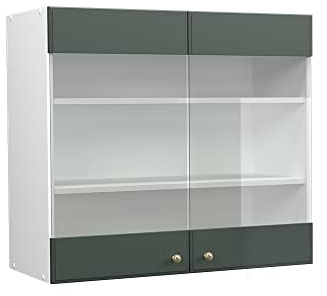 Vicco Küchenglasschrank Fame-Line, Grün-Gold Landhaus, 80 cm | MDF-Front · Soft-Close · Tiefe – 34,1 cm · Metallgriffe · ✓ Alles im Blick