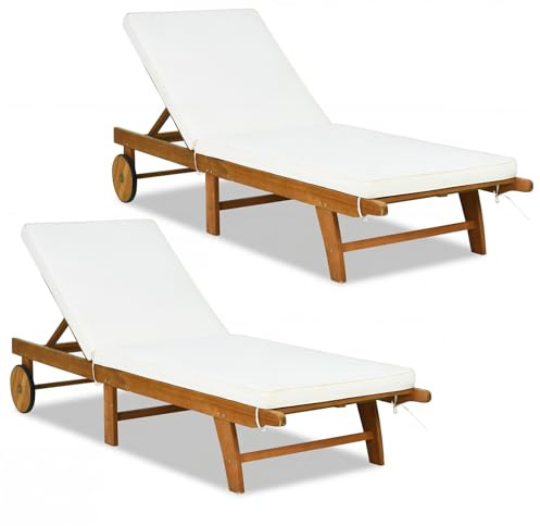 COSTWAY Lettino Prendisole Pieghevole, Lettino da Giardino in Legno di Eucalipto con Ruote e Cuscino, Schienale Regolabile 6 Posizioni, Tessuto Senza Fluoro, per Piscina e Spiaggia, Portata 160 kg (2)