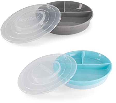 Twistshake Assiette Divisée Avec Couvercle Hermétique | Sans BPA | 3 Compartiments Pour l'Apprentissage | Alimentation Bébé 6 Mois+ | Gris Bleu