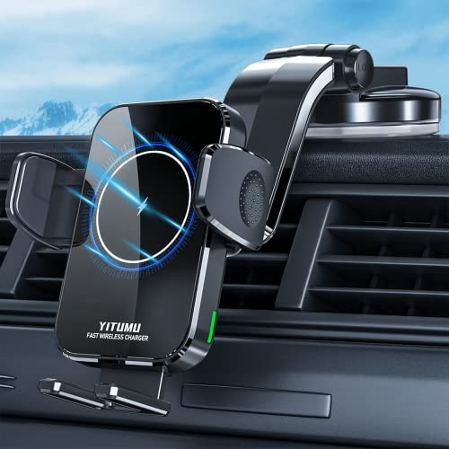 YITUMU Wireless Car Charger, 15W Qi Fast Charging Car Phone Holder Mount, Compatible with iPhone 14/13/12/11 Pro Max/Xs, Samsung Galaxy S23/S22, etc