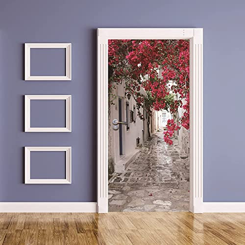 Türfolie Türtapete Türposter Selbstklebend 3D Fototapete Klebefolie Tür Mit Motiv Türaufkleber Kinderzimmer Kleinstadt-Straßenblumen 90 X 200 Cm