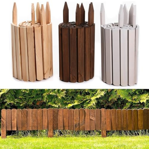 Rollborder Rasenkante Holzzaun Beeteinfassung Palisade Beetumrandung Gartenzaun Kiefernholz Umzäunung Steck Zaun (20 cm, Braun)