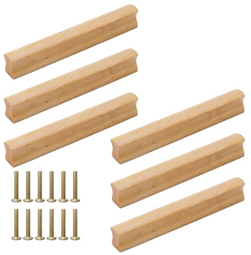 6 Stück Möbelgriffe Holz, Schrankgriffe Holz Türgriff Schubladengriff | Holzgriffe für Küchenschränke, Holzgriffe Küchengriffe mit Schrauben für Schrank, Schubladen, Möbel (Lochabstand 128 mm)