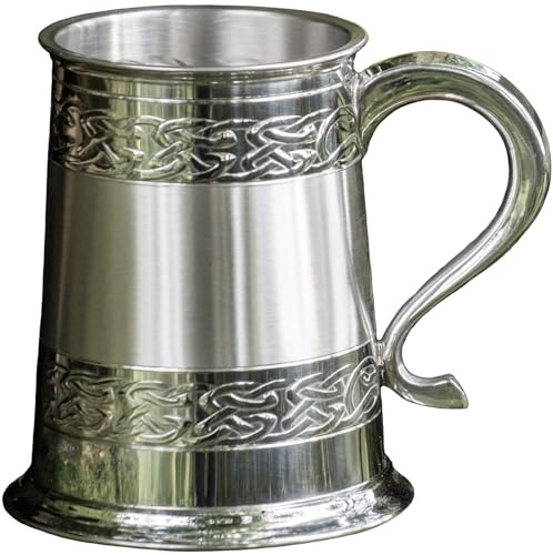Zinn Krug 1 Pint mit Satinband und Keltischem Banddesign Rein Schwer Messgerät Bier Krug Möglich für Gravur Personalisierte Geschenke für Männer und Frauen