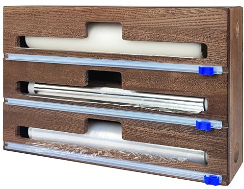 Wood Wedge 3 in 1 Folienschneider, Holz Folien und Frischhaltefolien Organizer mit Cutter, Folienspender, Cling Film, Frischhaltefolienspender, Aufbewahrung Abroller Alufolienspender (Braun)