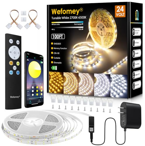 Wefomey White LED Strip Lights, 100ft Dimmable Bright 24V Led Tape Light with Remote and App Control, 2700K-6500K White 1440 LEDs Lights for Bedroom, Kitchen, Ceiling (1 Rolls of 100ft)