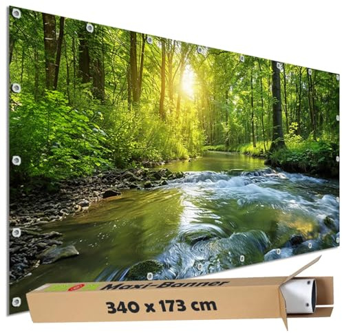 TRIOSK Große Motivplane Sichtschutz Zaunblende mit Motiv Waldfluss Wald Sonnenlicht Motivbanner Garten Deko Plane Blickdicht für Zaun Terrasse Gartenzaun Zaunplane PVC 340x173 cm