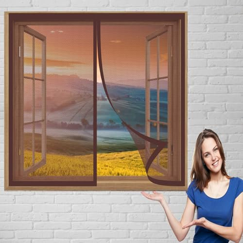 Moskitonetze für Fenster 142 x 138 cm Fliegengitter Balkontür Ohne Bohren Automatisches Schließen Magnetvorhang für Balkontür Terrassentür, Braun