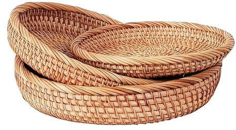 3 Fruteros de Ratán, Cestas Redondas de Frutas de Ratán, Cuencos de Almacenamiento Tejidos, Cesta de Frutas Redonda de Ratán Hecha a Mano, Cuencos de Almacenamiento de Alimentos, Organizador de Cocina