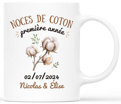 Cadeau Plus Mug Personnalisé Prénom Noces De Coton - Cadeau de Mariage pour Couple, 1 An de Mariage, 1 An Couple, noce de coton, idée cadeau anniversaire mariage (Blanc)
