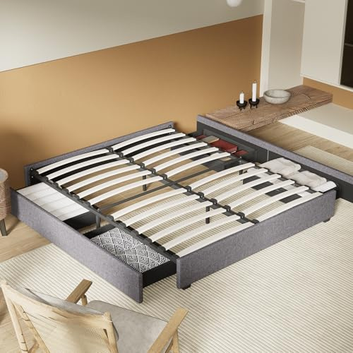 Lit avec Tiroirs de Rangement, Sommier à Lattes en Bois Flexible, 8 Pieds, Cadre en Tissu Gris, lit Stable et Solide. 4 espaces de Rangement sous Le lit en utilisant Les tiroirs. (Gris, 140 x 190 cm)