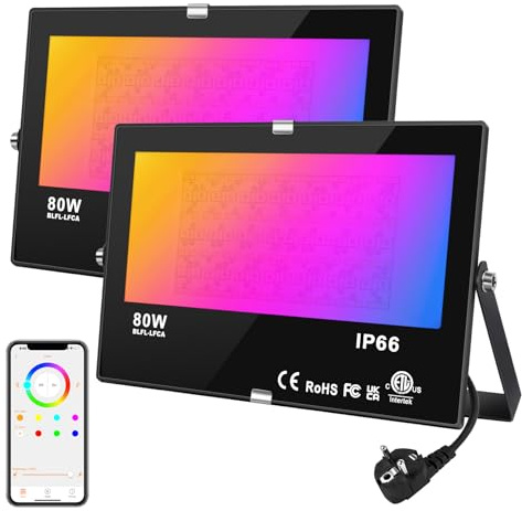 DUSKTEC Bluetooth-ansluten färg-LED-projektor med uttag, 220 V LED-spotlight 80 W RGB flerfärgad dimbar av APP IP66 vattentät för utomhus, utomhus, översvämningsljus set med 2