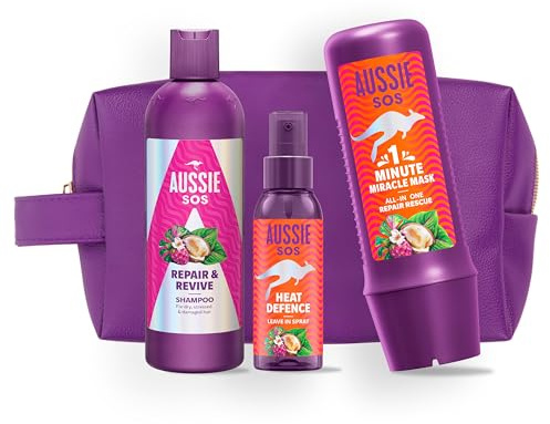 Aussie SOS Repair&Revive Champú + Mascarilla + Spray Protector Térmico Pelo | Set de Regalo 300 ml + 100 ml + 250 ml, Ayuda a Reparar el Cabello Seco y Dañado, 100 Horas de Hidratación