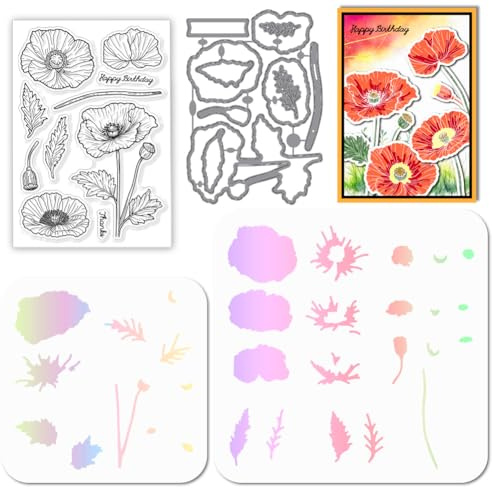 GLOBLELAND Timbri trasparenti a strati colorabili a forma di papavero e fustelle Flower Blessings con stencil traforati per disegno e pittura per scrapbooking fai da te, album fotografici