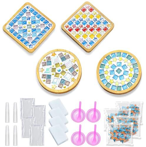 4 Stück DIY-Mosaik-Bastelsets, Mosaik Bastelset Kinder, Enthaltene Werkzeuge, Leere Bodenschalen für Bastelarbeiten, DIY Mosaikbedarf, Trinkbecher Untersetzer, Pflanzen Untersetzer, Kunstteller