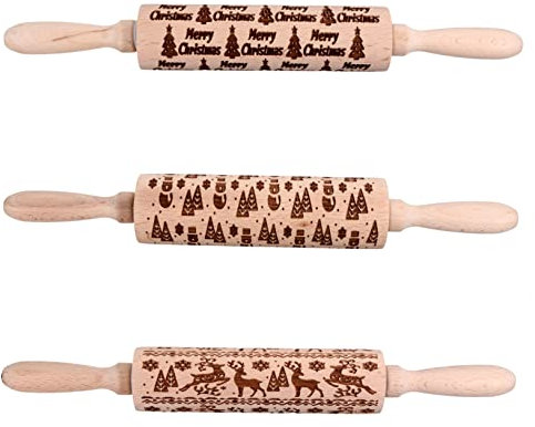FONDOTIN 3pezzi Mattarello Natalizio in Legno Con Motivi Festivi Professionale Per Pasta Biscotti e Pizza Resistente e Sicuro Per Decorazioni Di Natale in Cucina
