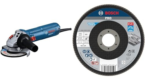 Bosch Professional Winkelschleifer GWS 12-125 (Ø: 125mm, inkl. Schutzhaube, Standard-Zusatzhandgriff) + 1x PRO Metal X571 Fächerschleifscheibe, abgewinkelte Ausführung (Stahl, Edelstahl, Körnung 80)