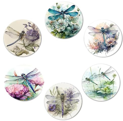 CALFOVERA 6 Posavasos de Madera con Diseño de Libélula, Redondo, de 10cm, con Estampado Floral, Absorbente, para Proteger la Mesa, Tazas de Café, Posavasos Y Platillos. Ideal como Decoración