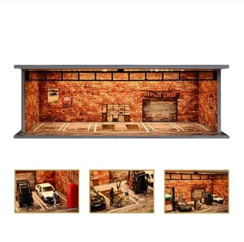 NUEIOVRW Diorama 1/64 modello auto garage, illuminazione a LED, vetrina per parcheggio, in mattoni rossi, modellini di auto pressofuso, kit modello diorama (garage vintage)