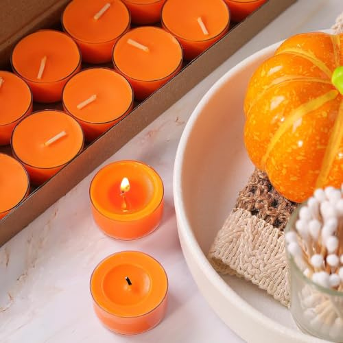 LETINE Zimt Kürbis Duftkerze Teelichter 14 Stück, 6 Stunden, 100% Palmwachs | Orange Farbe Duftteelichter, Duftkerzen, Rauchfrei & Langanhaltend für Weihnachten, Hochzeiten, Wohndekoration und Meditation