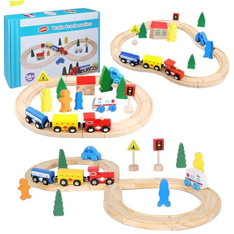 Cylora Set ferroviario in legno, 33 pezzi, giocattolo per ferrovia in legno per bambini, pista macchinine giochi, pista trenino, giocattolo educativo per ragazze e ragazzi 3-8 anni, Regalo Natale
