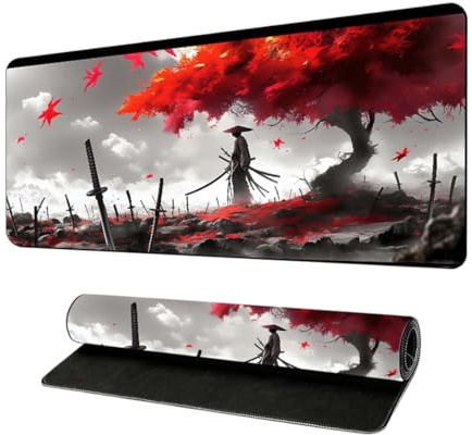 HABNI Alfombrilla Ratón Gaming 1 Unidad Xxl 80X30X0.2 Cm, Diseño Japonés Colores Negro Blanco Rojo, Bordes Cosidos, Superficie Impermeable Antideslizante, Para Pc Macbook Portátil
