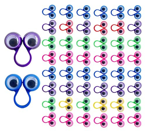 Fingerpuppenaugen | 50-teiliges Set mit Ringen, Wackelaugen, lustig, Fingerpuppen-Set in 6 Farben, Partygeschenke, Ringe für und Mädchen
