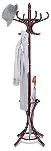 FANTASK 184cm Garderobenständer, Kleiderständer Holz mit Schirmhalter und 12 Kleiderhaken, Jackenständer für Flur, Wohnzimmer und Schlafzimmer (Braun)