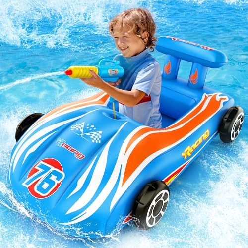 Inflatable Race Car Pool Float for Kids with Water Gun, Ride-On Fun for Ages 4-8, Summer Outdoor Water Toy for Boys and Girls, Splash Pool Lounge
