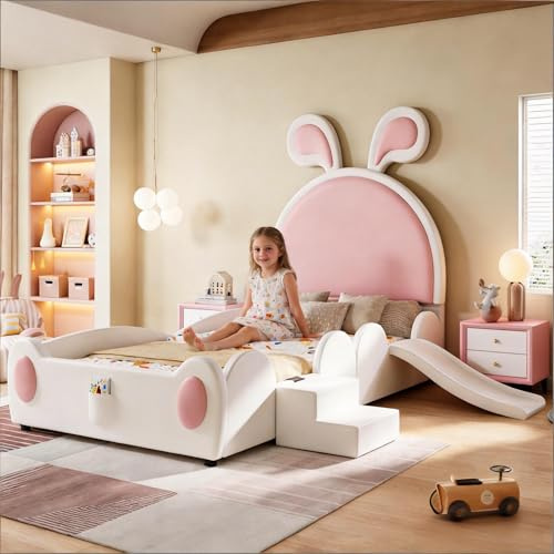LANTRO JS Kinderbett 90x200cm, Kinderbett Mädchen mit Hasenohren Kopfteil, Prinzessin Bett Kleiner Treppe und Kinder Rutsche, PU Polsterbettohne Matratze, Weiß und Rosa