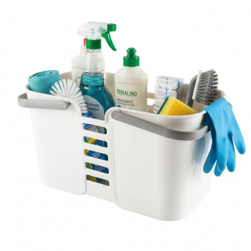 Cleaning Caddy, Drainage Holes Cleaning Products Organiser, Plastic Caddy Organiser with Comfortable Handle for Home Kitchen Bathroom Garden Dorm Car, White