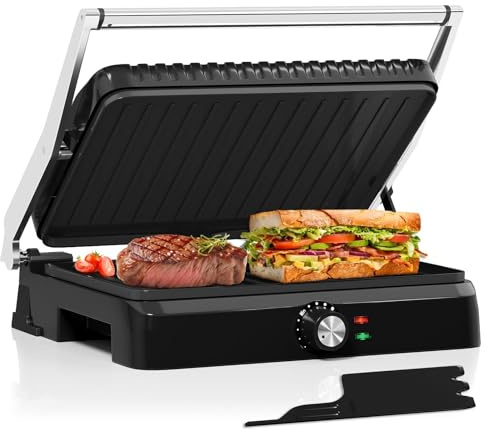 3 in 1 Kontaktgrill 2200W, 180° vollständig öffnbar Tischgrill mit Antihaft-Beschichtung, Panini Grill & Sandwichmaker, fettarm mit Auffangschale, einfach reinigbar für Haushalt Familie