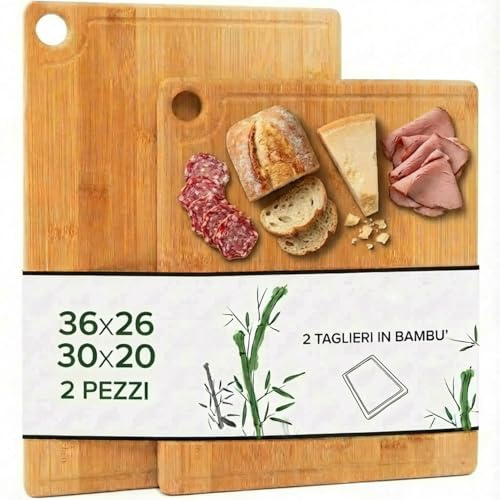 Set di 2 Taglieri in Legno Grande 33 x 26 cm - 30 x 20 cm, Tagliere da Cucina in Bamboo con Bordi Antiscivolo e Canalina, Tagliere Antibatterico con foro di sospensione per salame formaggi pane pizza
