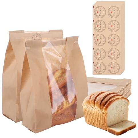 Ghligna 150 Pack Paper Bread Bags with Window, Large Kraft Bakery Bags for Homemade Sourdough, Sandwich Bags with Thank You Stickers, Greaseproof Storage for Cookies & Snacks (35 x 21 x 9 cm)