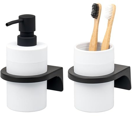 bremermann Savona Ensemble d'accessoires de salle de bain ronds avec surface douce au toucher avec support mural à coller ou à percer, 1 distributeur de savon et 1 gobelet en plastique (blanc)