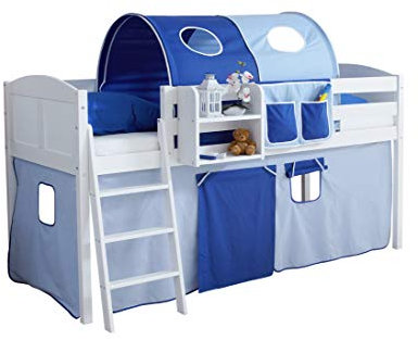 TiCAA Hochbett, Kinderbett Spielbett mit Treppe aus Kiefer Massivholz Bettgestell 90 x 200