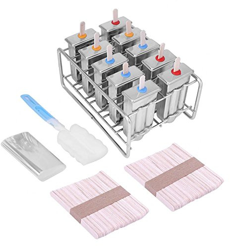 Fdit 10 moules en Acier Inoxydable Moule crme Glace Popsicle Lolly + 100pcs Baton Titulaire Tote Ronde