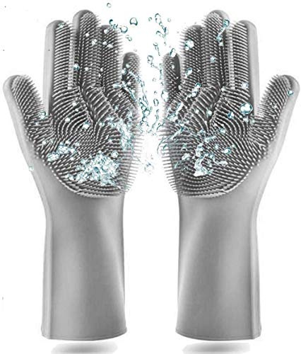 Keenwo Premium Geschirrspülhandschuhe mit Bürste aus Silikon (Grau) - Ideale Silikon Handschuhe zur Reinigung des Geschirrs dank Noppen Oberfläche