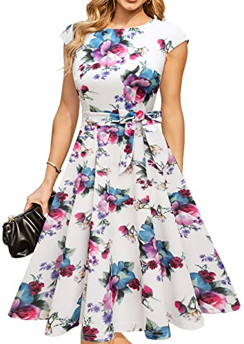 DRESSTELLS Cocktail Dresses for Women Wedding Guest, Vintage Holiday Tea Party Floral Dress, Formal Aline Mother Bride Evening Dress White Flower XL
