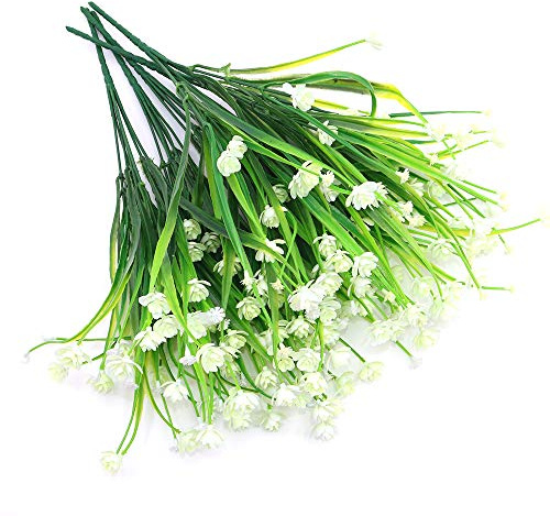Shiwaki 5Pcs Künstliche Pflanze 7-Zinken Frühlingsgras Gypsophila Bouquet Dekoration für Indoor Outside Hanging Planter Hochzeit Bauernhaus Dekor (Wei?)