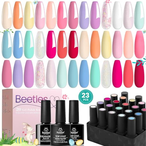 Beetles Easter Gel Nail Polish-20Pcs Pastel Macaron Collection Nude Pink Yellow Blue Green Glitter Gel Polish Set with Glossy Matte Top Coat Base Gel Gift for Women Girls