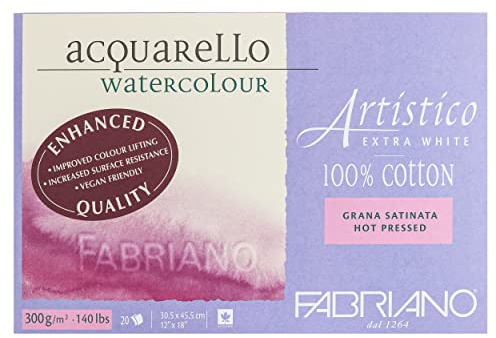 Honsell Fabriano Artistico Acquarello Watercolour, Extra Bianco, Satinato a Caldo, 30,5 x 45,5 cm, 20 Fogli da 300 g/m², Carta per acquerelli di Alta qualità, Blocco incollato su 4 Lati, unità